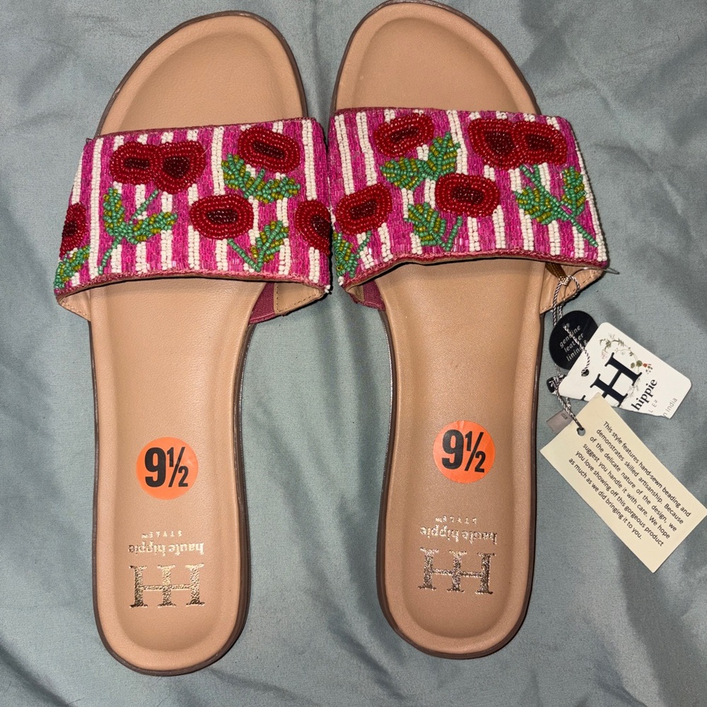 Haute Hippie Pink Beaded Cherry, Pink & White Striped Sandals